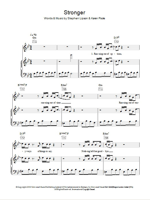 Boyzone Stronger sheet music notes and chords arranged for Piano, Vocal & Guitar Chords