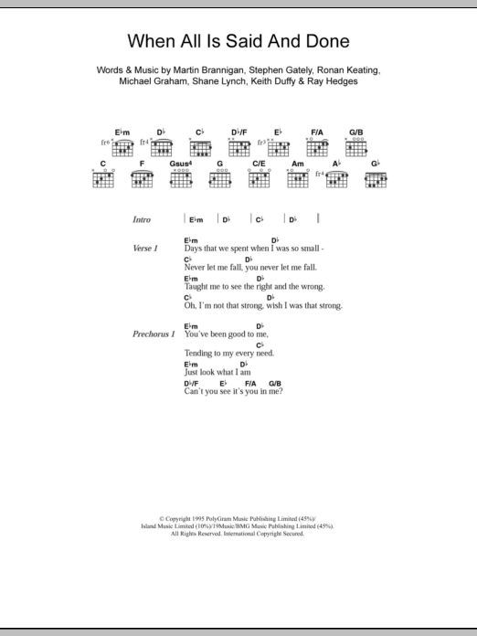 Boyzone When All Is Said And Done sheet music notes and chords. Download Printable PDF.