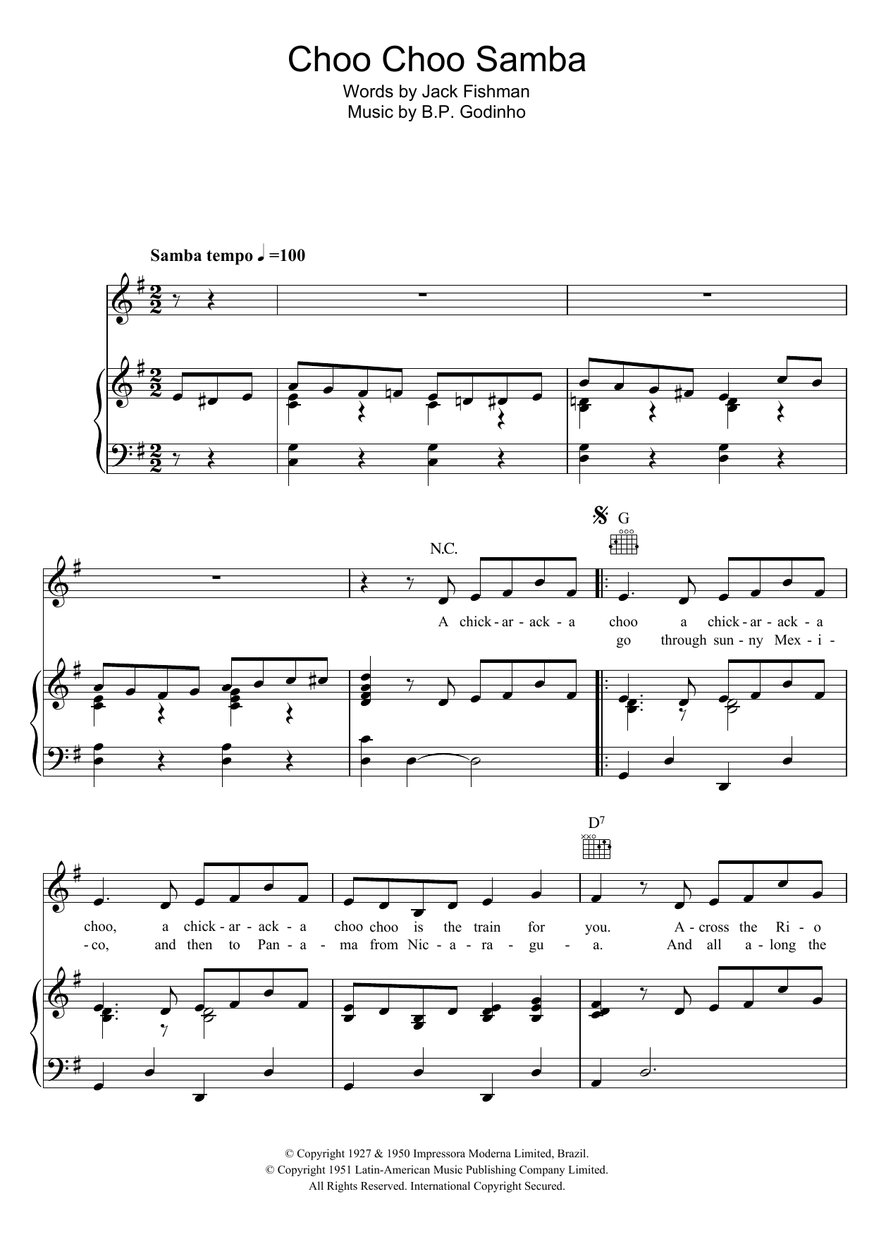 Learn to play B.P. Godinho Choo Choo Samba sheet music for Piano, Vocal & Guitar Chords in minutes. Price: 7.8900$ B.P. Godinho Choo Choo Samba sheet music notes and chords arranged for Piano, Vocal & Guitar Chords