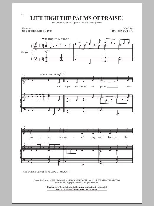 Learn to play Brad Nix Lift High The Palms Of Praise! sheet music for Unison Choir in minutes. Price: 3.9900$ Brad Nix Lift High The Palms Of Praise! sheet music notes and chords arranged for Unison Choir