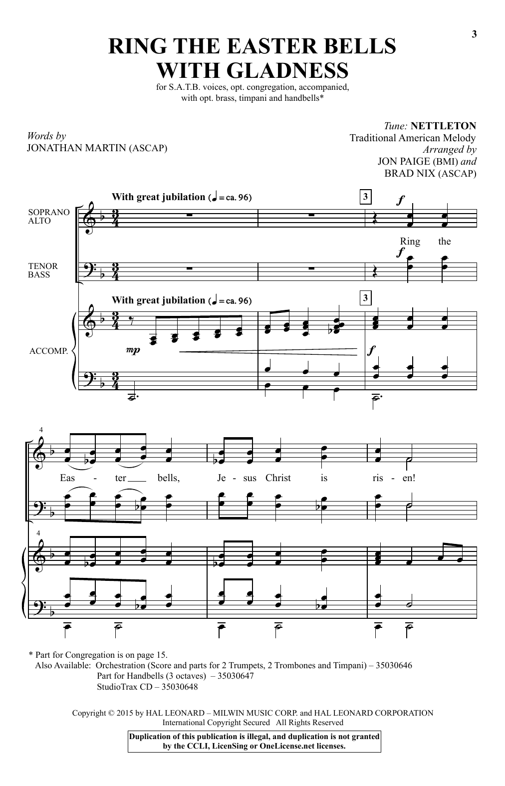 Brad Nix Ring The Easter Bells With Gladness sheet music notes and chords. Download Printable PDF.