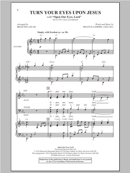 Brad Nix Turn Your Eyes Upon Jesus sheet music notes and chords. Download Printable PDF.