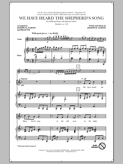 Joseph M. Martin We Have Heard The Shepherd's Song sheet music notes and chords. Download Printable PDF.