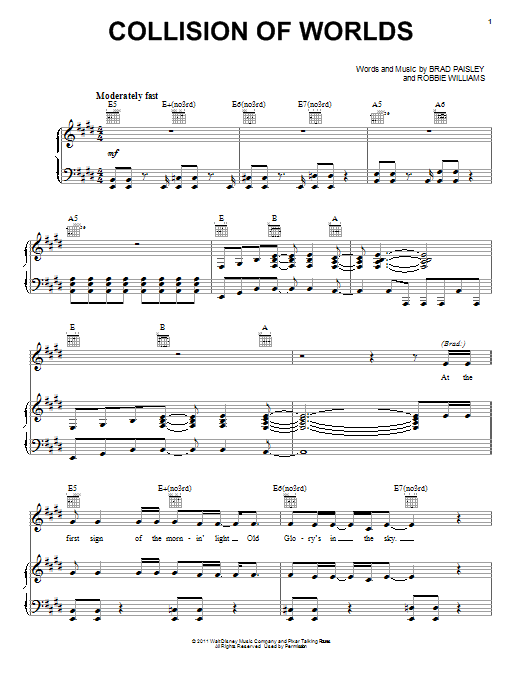 Learn to play Brad Paisley and Robbie Williams Collision Of Worlds sheet music for Piano, Vocal & Guitar Chords (Right-Hand Melody) in minutes. Price: 7.8900$ Brad Paisley and Robbie Williams Collision Of Worlds sheet music notes and chords arranged for Piano, Vocal & Guitar Chords (Right-Hand Melody)