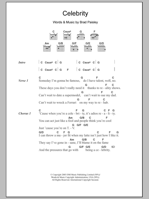 Brad Paisley Celebrity sheet music notes and chords. Download Printable PDF.