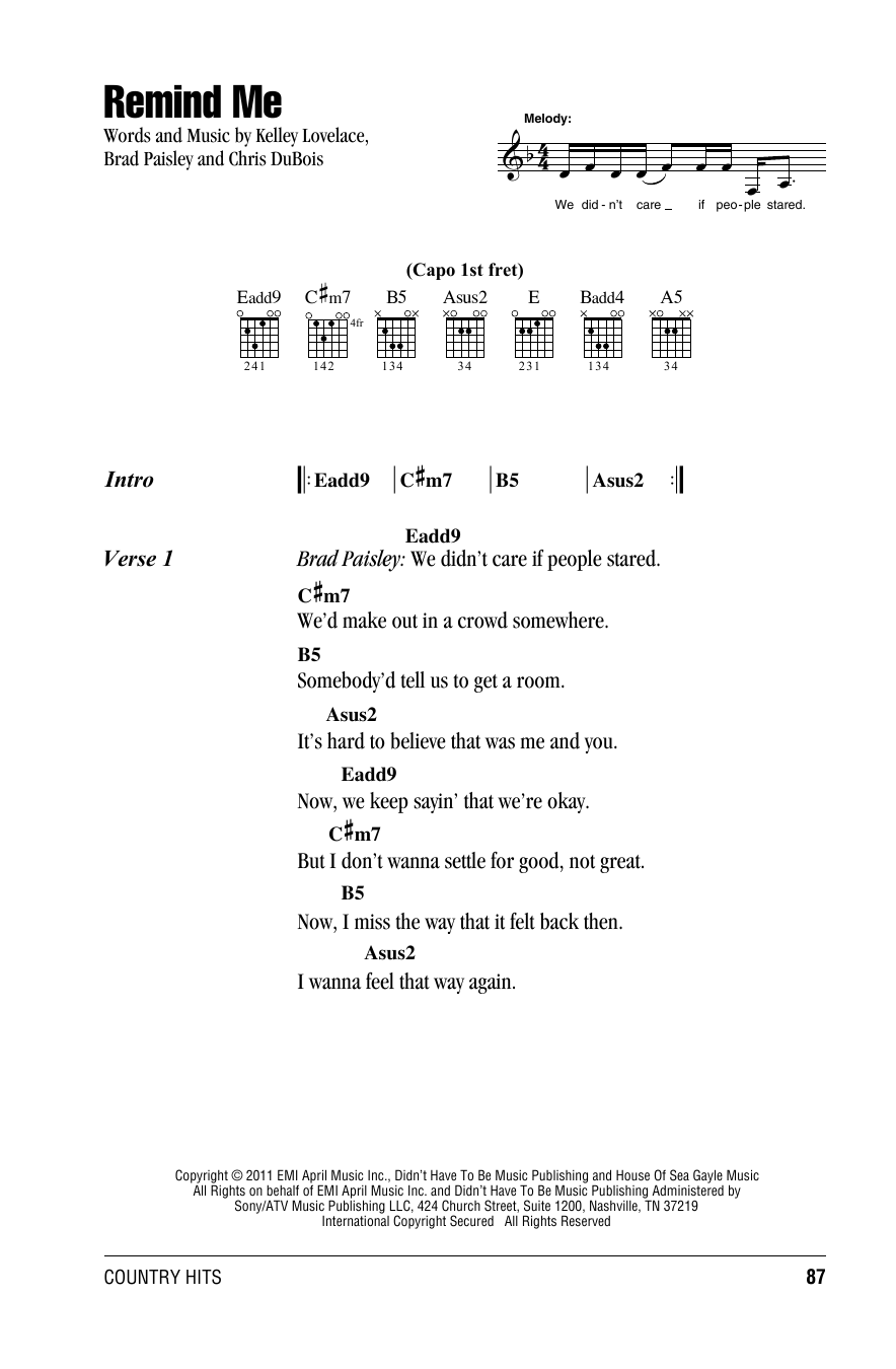 Brad Paisley Duet With Carrie Underwood Remind Me sheet music notes and chords. Download Printable PDF.