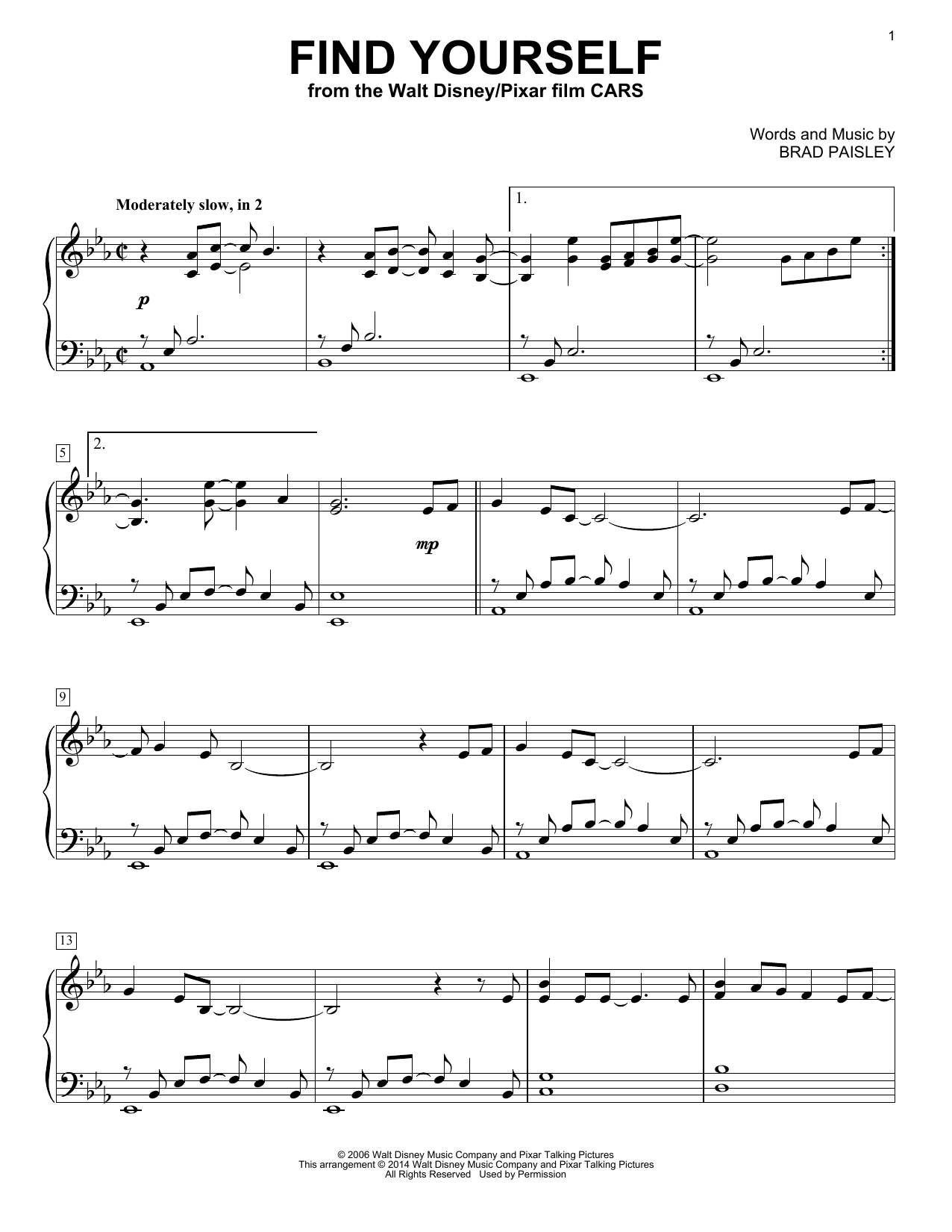 Brad Paisley Find Yourself (from Cars) sheet music notes and chords arranged for Piano Solo