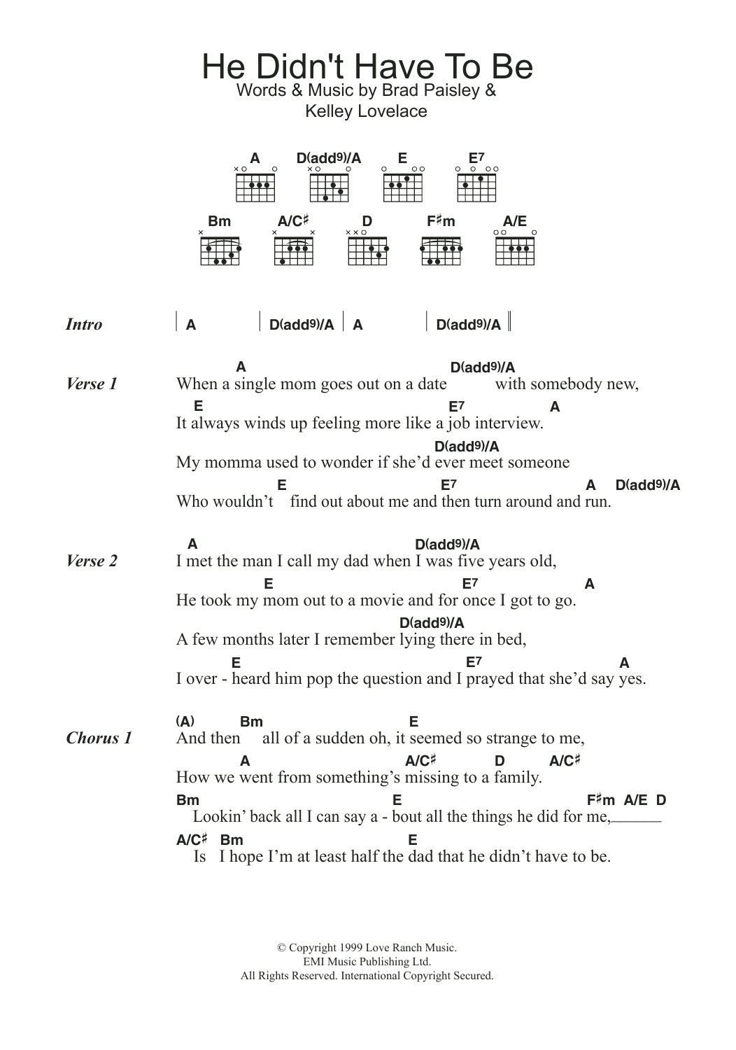 Brad Paisley He Didn't Have To Be sheet music notes and chords. Download Printable PDF.