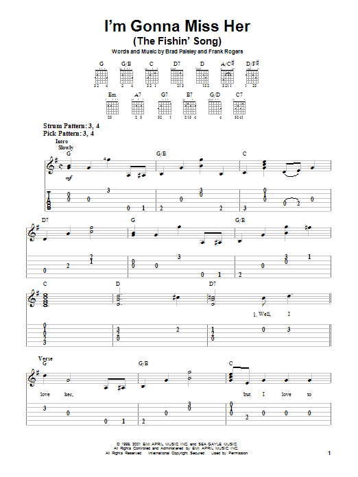 Brad Paisley I'm Gonna Miss Her (The Fishin' Song) sheet music notes and chords. Download Printable PDF.