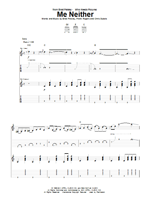 Learn to play Brad Paisley Me Neither sheet music for Guitar Tab in minutes. Price: 7.8900$ Brad Paisley Me Neither sheet music notes and chords arranged for Guitar Tab
