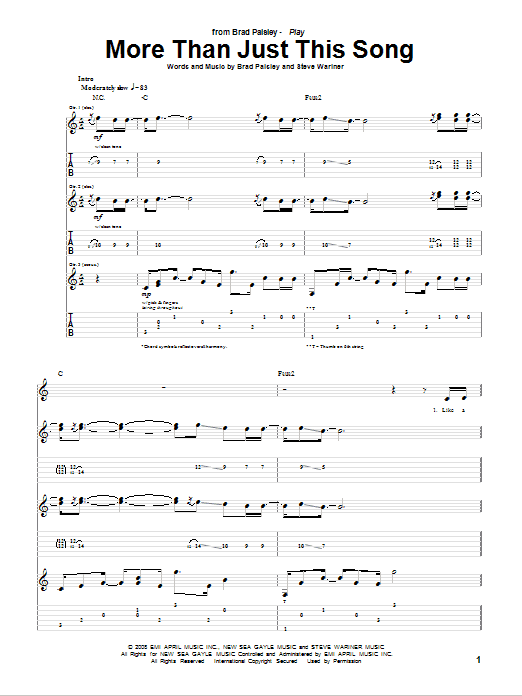 Learn to play Brad Paisley More Than Just This Song sheet music for Guitar Tab in minutes. Price: 7.8900$ Brad Paisley More Than Just This Song sheet music notes and chords arranged for Guitar Tab