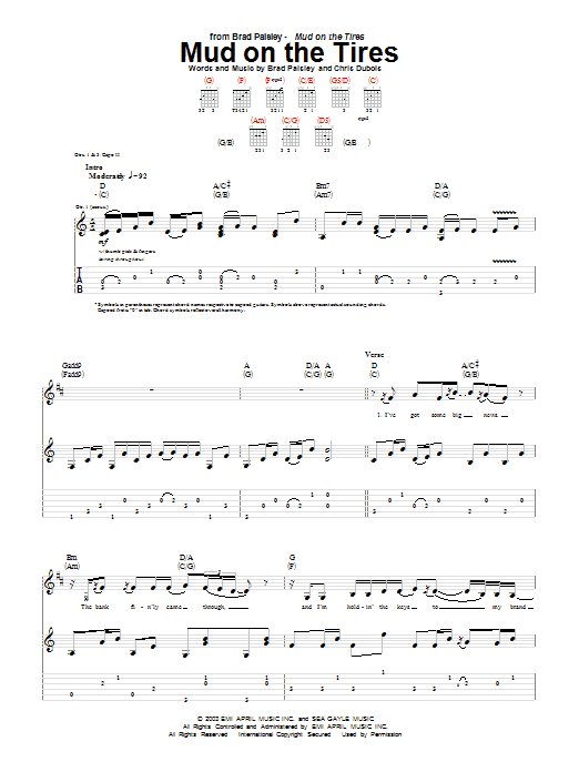 Brad Paisley Mud On The Tires sheet music notes and chords. Download Printable PDF.