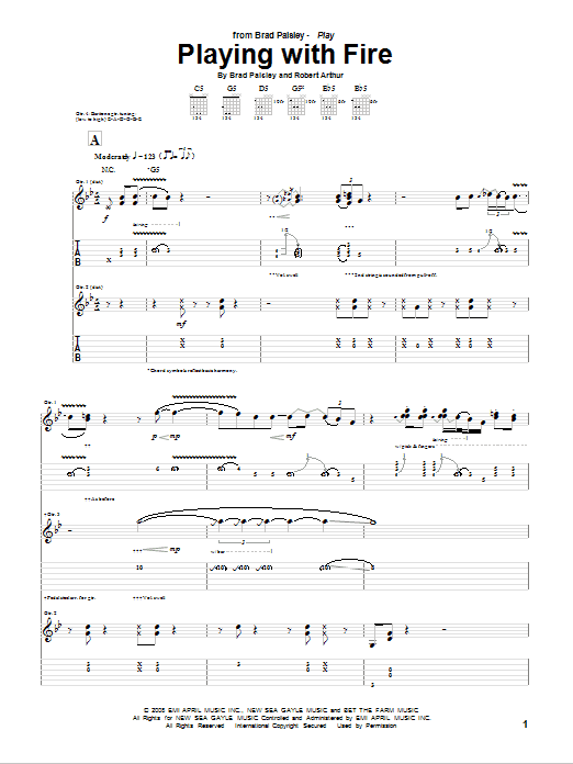 Learn to play Brad Paisley Playing With Fire sheet music for Guitar Tab in minutes. Price: 7.8900$ Brad Paisley Playing With Fire sheet music notes and chords arranged for Guitar Tab