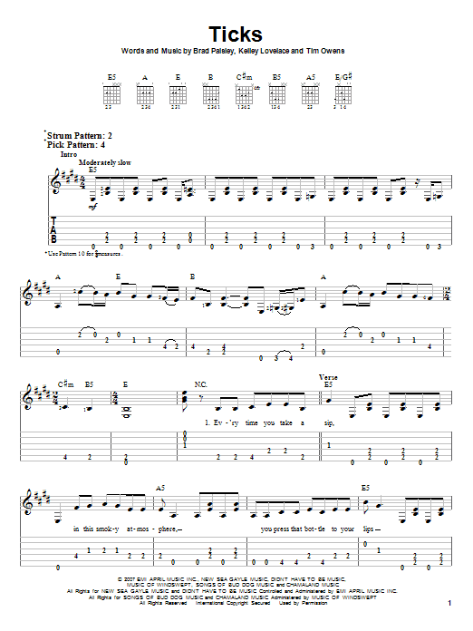 Brad Paisley Ticks sheet music notes and chords. Download Printable PDF.