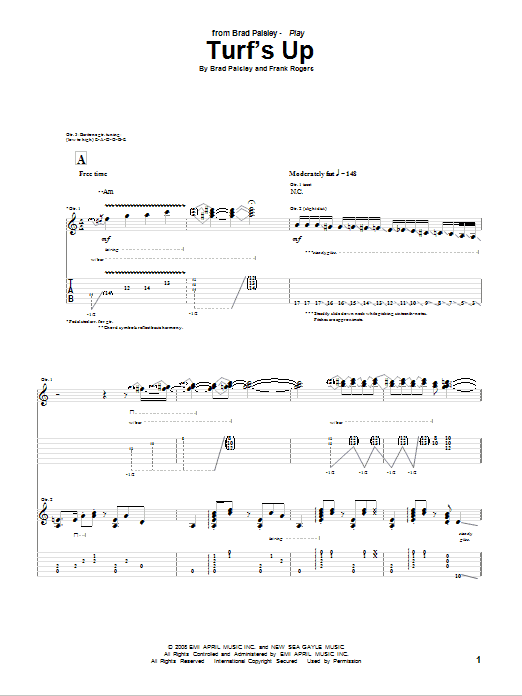 Learn to play Brad Paisley Turf's Up sheet music for Guitar Tab in minutes. Price: 7.8900$ Brad Paisley Turf's Up sheet music notes and chords arranged for Guitar Tab