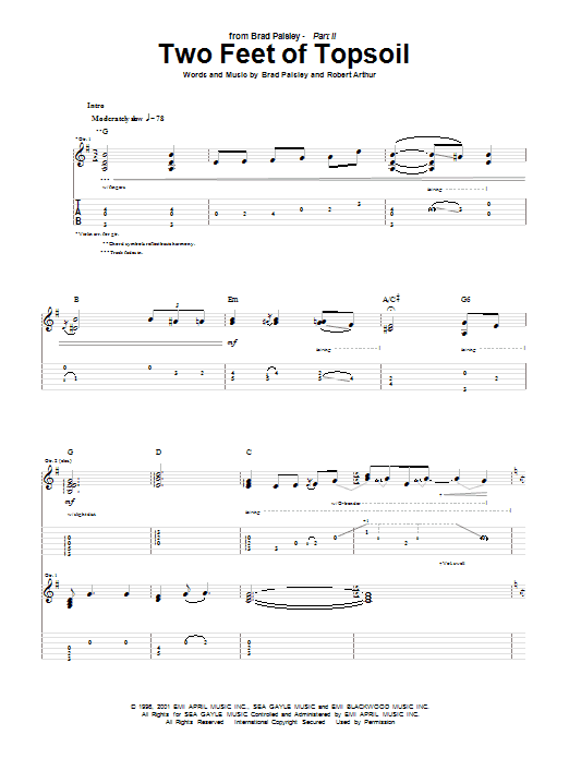 Learn to play Brad Paisley Two Feet Of Topsoil sheet music for Guitar Tab in minutes. Price: 7.8900$ Brad Paisley Two Feet Of Topsoil sheet music notes and chords arranged for Guitar Tab