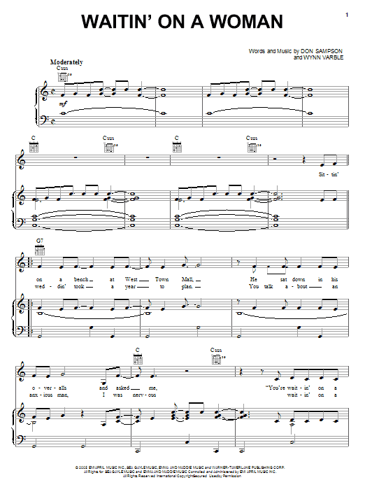Learn to play Brad Paisley Waitin' On A Woman sheet music for Piano, Vocal & Guitar Chords (Right-Hand Melody) in minutes. Price: 7.8900$ Brad Paisley Waitin' On A Woman sheet music notes and chords arranged for Piano, Vocal & Guitar Chords (Right-Hand Melody)