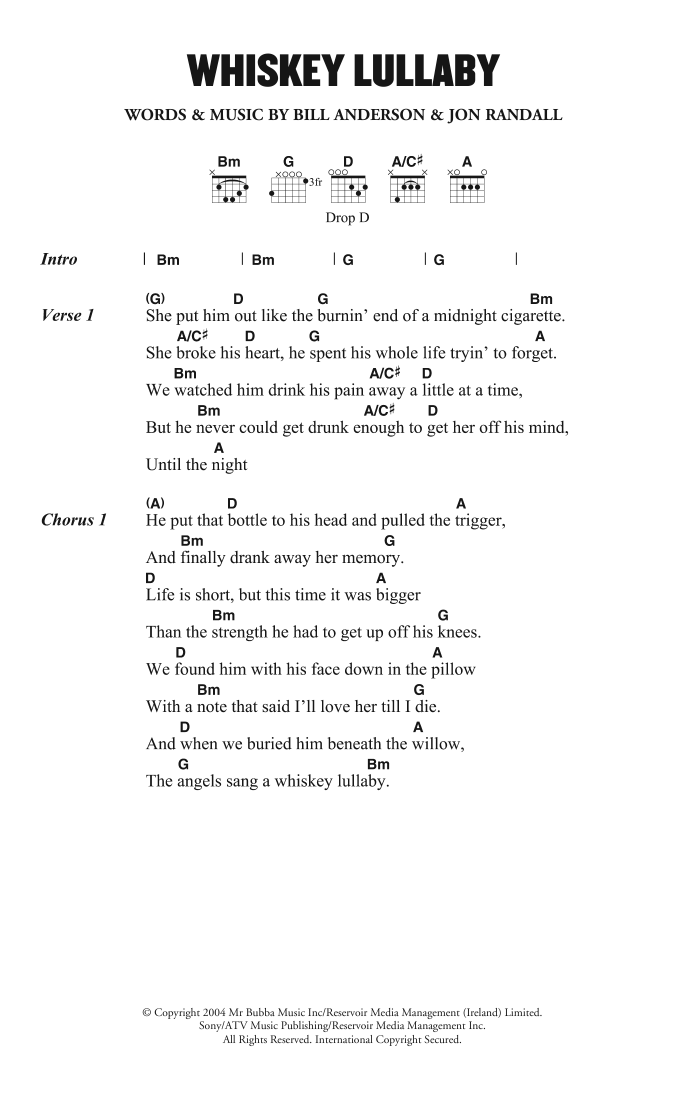 Brad Paisley Whiskey Lullaby (feat. Alison Krauss) sheet music notes and chords. Download Printable PDF.