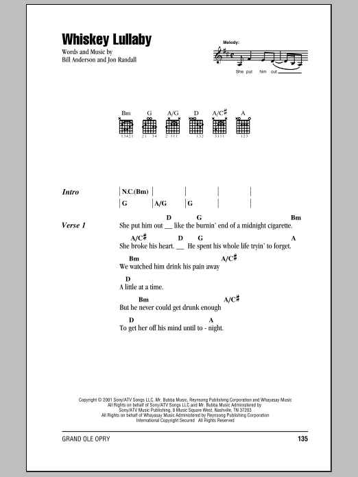 Brad Paisley Whiskey Lullaby sheet music notes and chords. Download Printable PDF.