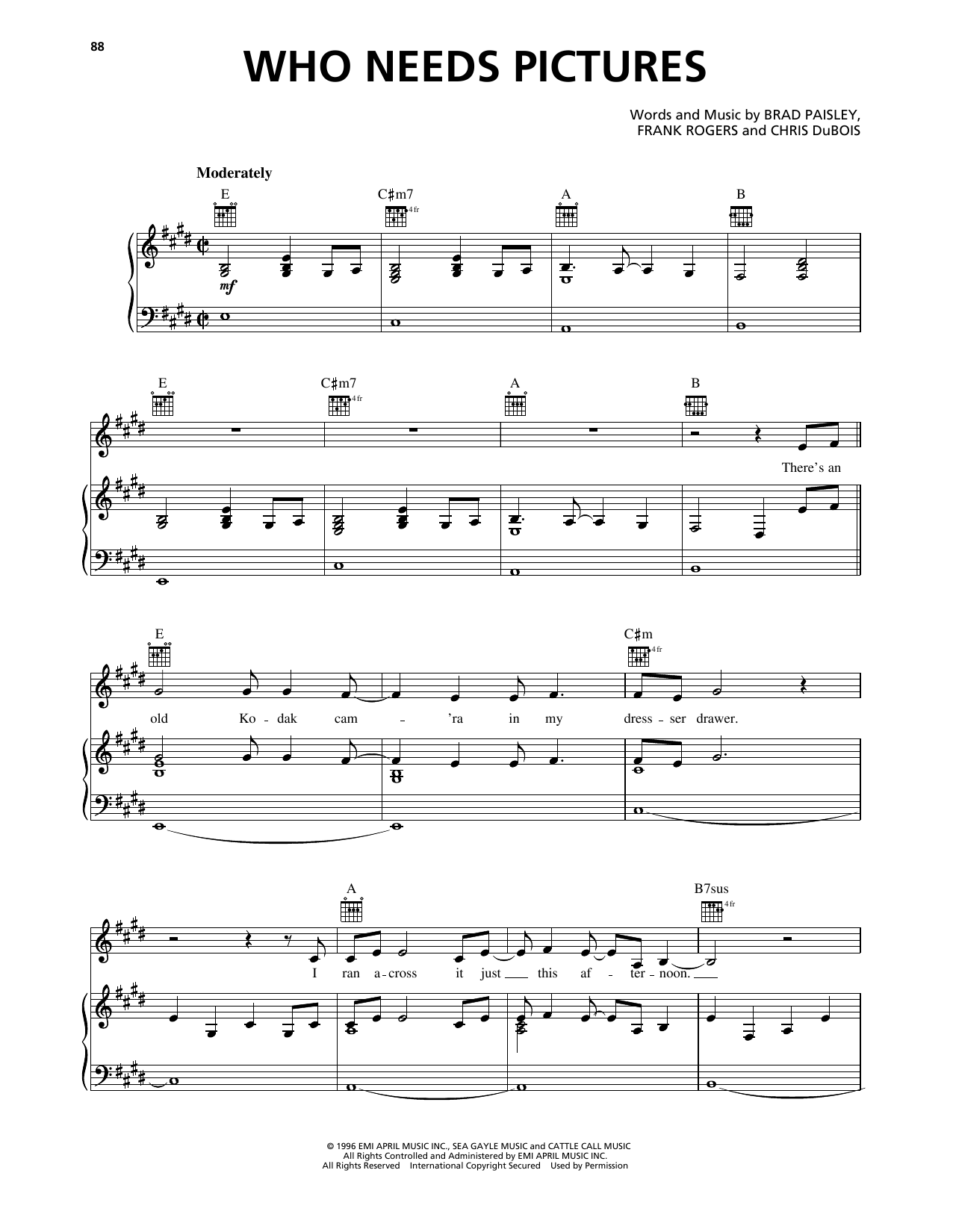 Learn to play Brad Paisley Who Needs Pictures sheet music for Piano, Vocal & Guitar Chords (Right-Hand Melody) in minutes. Price: 7.8900$ Brad Paisley Who Needs Pictures sheet music notes and chords arranged for Piano, Vocal & Guitar Chords (Right-Hand Melody)
