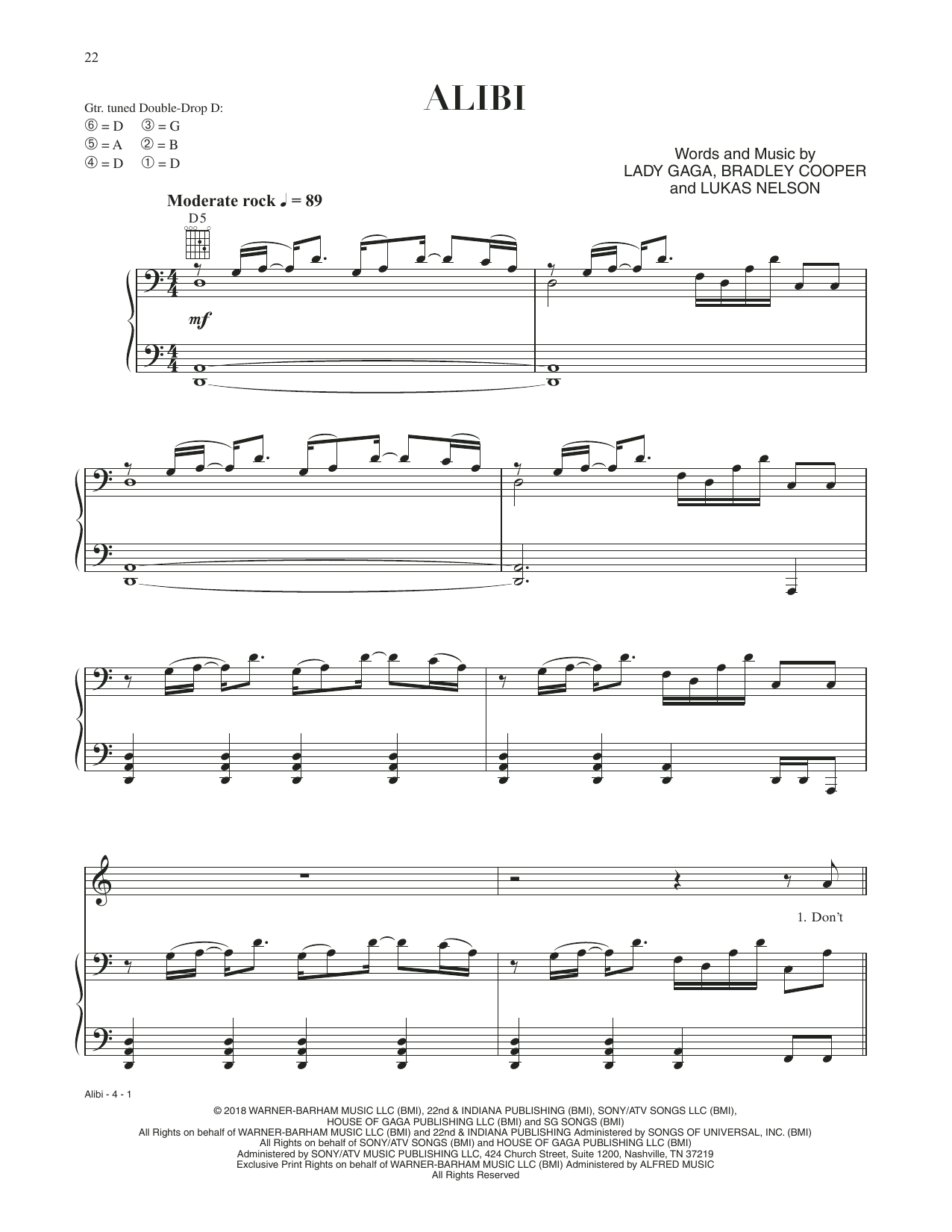 Bradley Cooper Alibi (from A Star Is Born) sheet music notes and chords. Download Printable PDF.