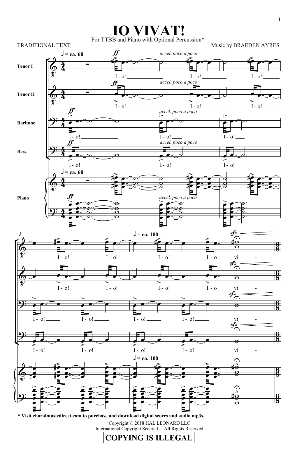 Braeden Ayres Io Vivat! sheet music notes and chords arranged for TTBB Choir