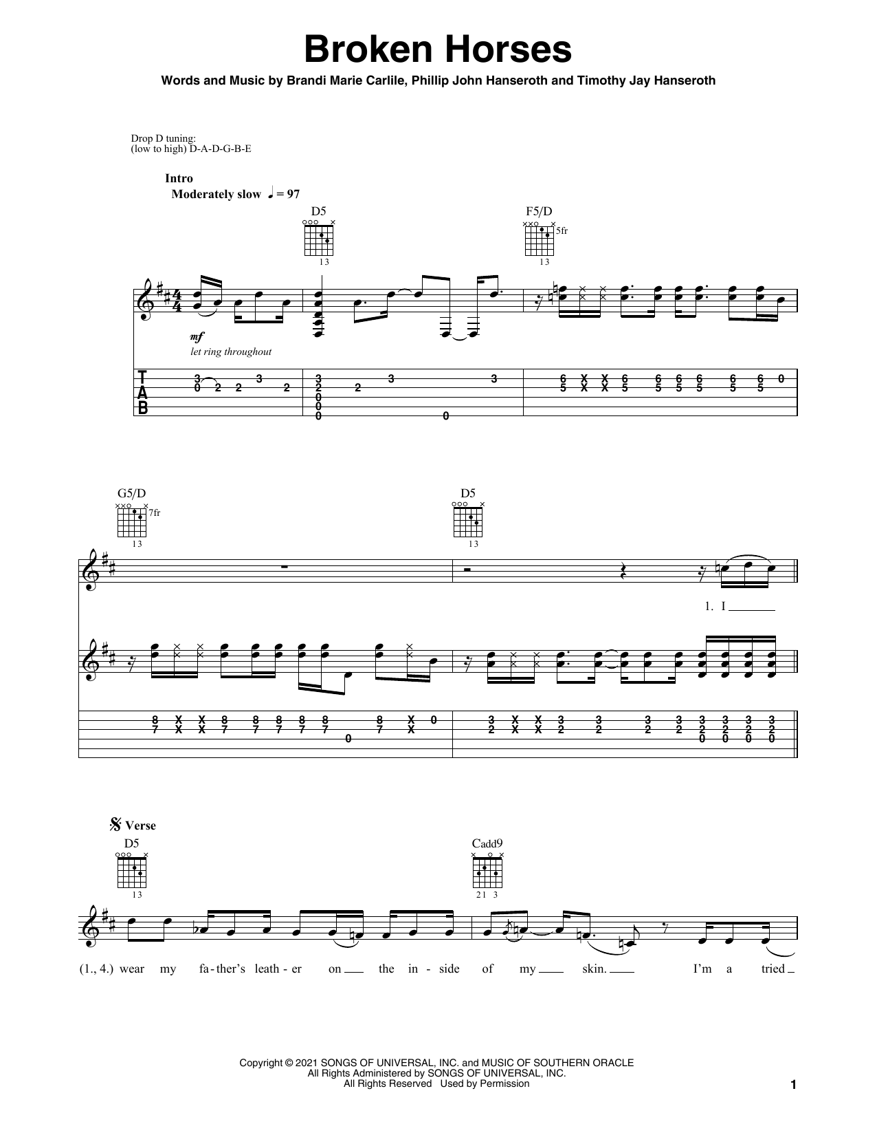 Brandi Carlile Broken Horses sheet music notes and chords. Download Printable PDF.