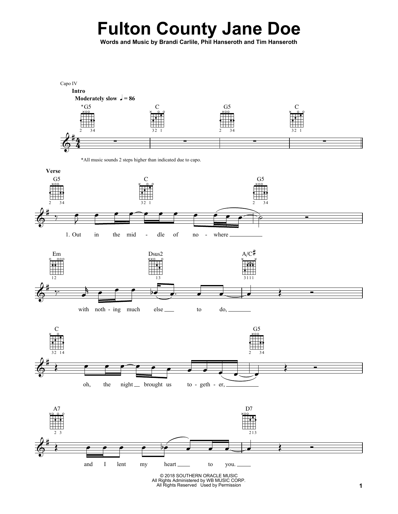 Brandi Carlile Fulton County Jane Doe sheet music notes and chords. Download Printable PDF.