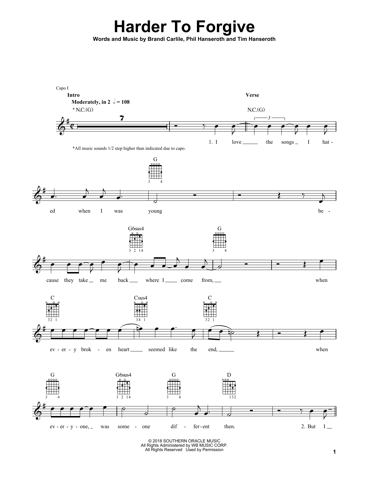 Learn to play Brandi Carlile Harder To Forgive sheet music for Solo Guitar in minutes. Price: 7.8900$ Brandi Carlile Harder To Forgive sheet music notes and chords arranged for Solo Guitar