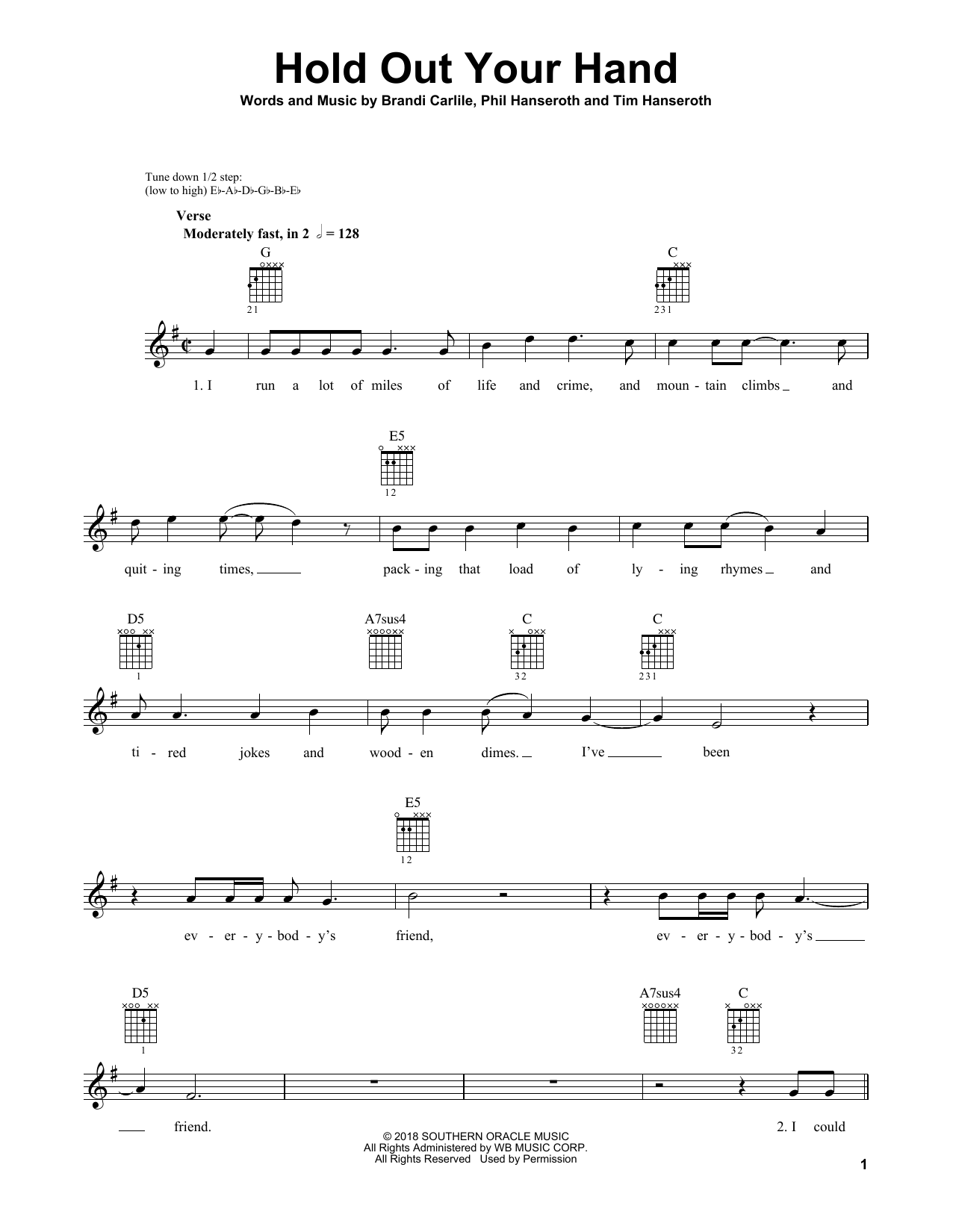 Brandi Carlile Hold Out Your Hand sheet music notes and chords. Download Printable PDF.