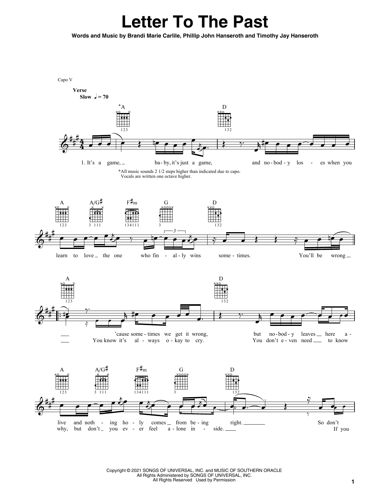 Brandi Carlile Letter To The Past sheet music notes and chords. Download Printable PDF.