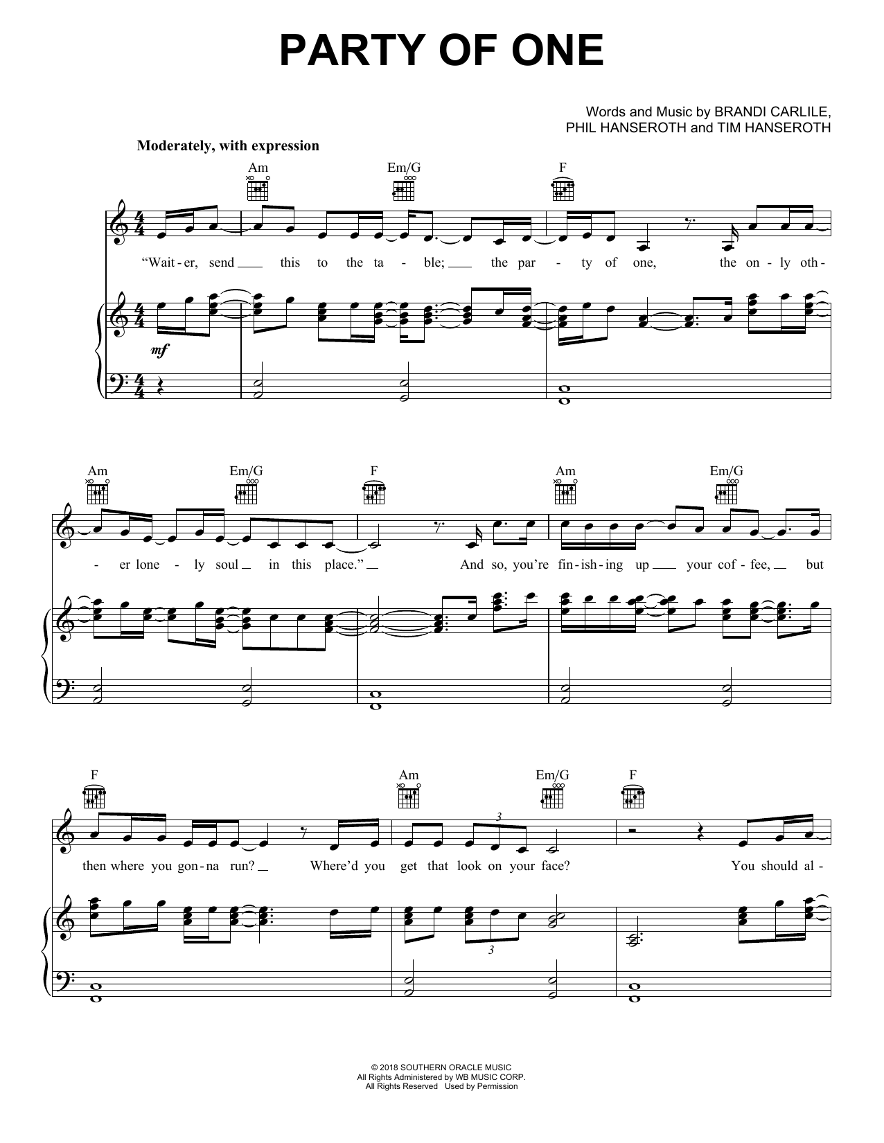 Brandi Carlile Party Of One (feat. Sam Smith) sheet music notes and chords. Download Printable PDF.