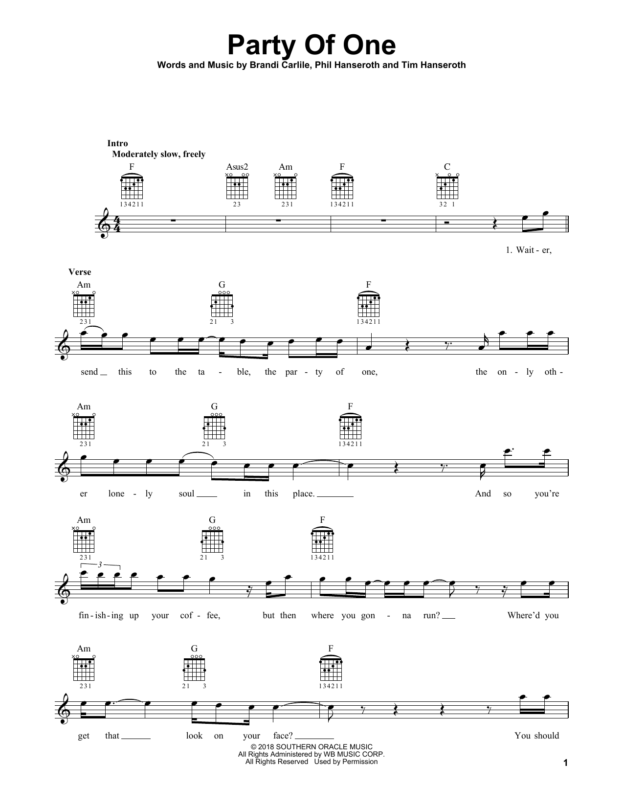 Brandi Carlile Party Of One sheet music notes and chords. Download Printable PDF.