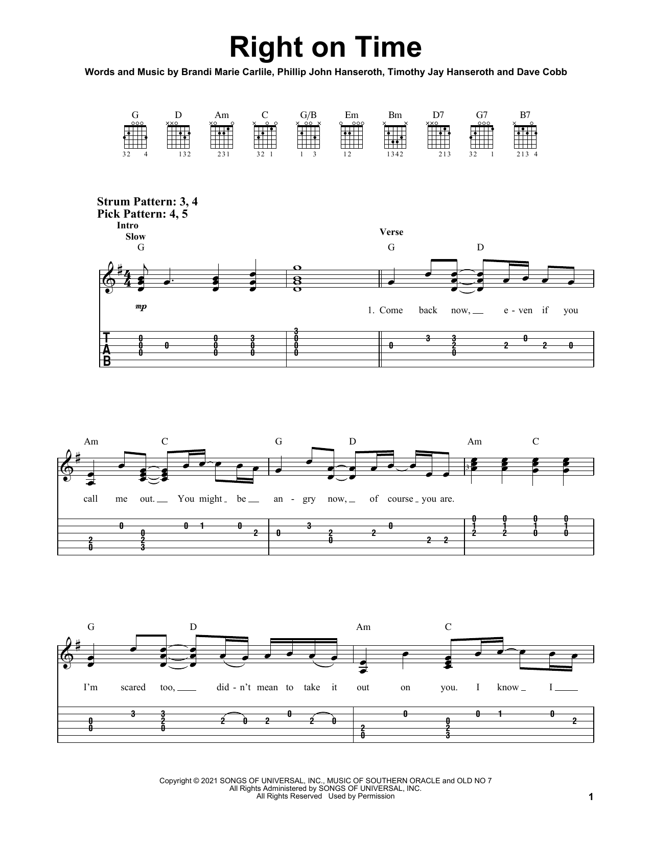 Brandi Carlile Right On Time sheet music notes and chords. Download Printable PDF.