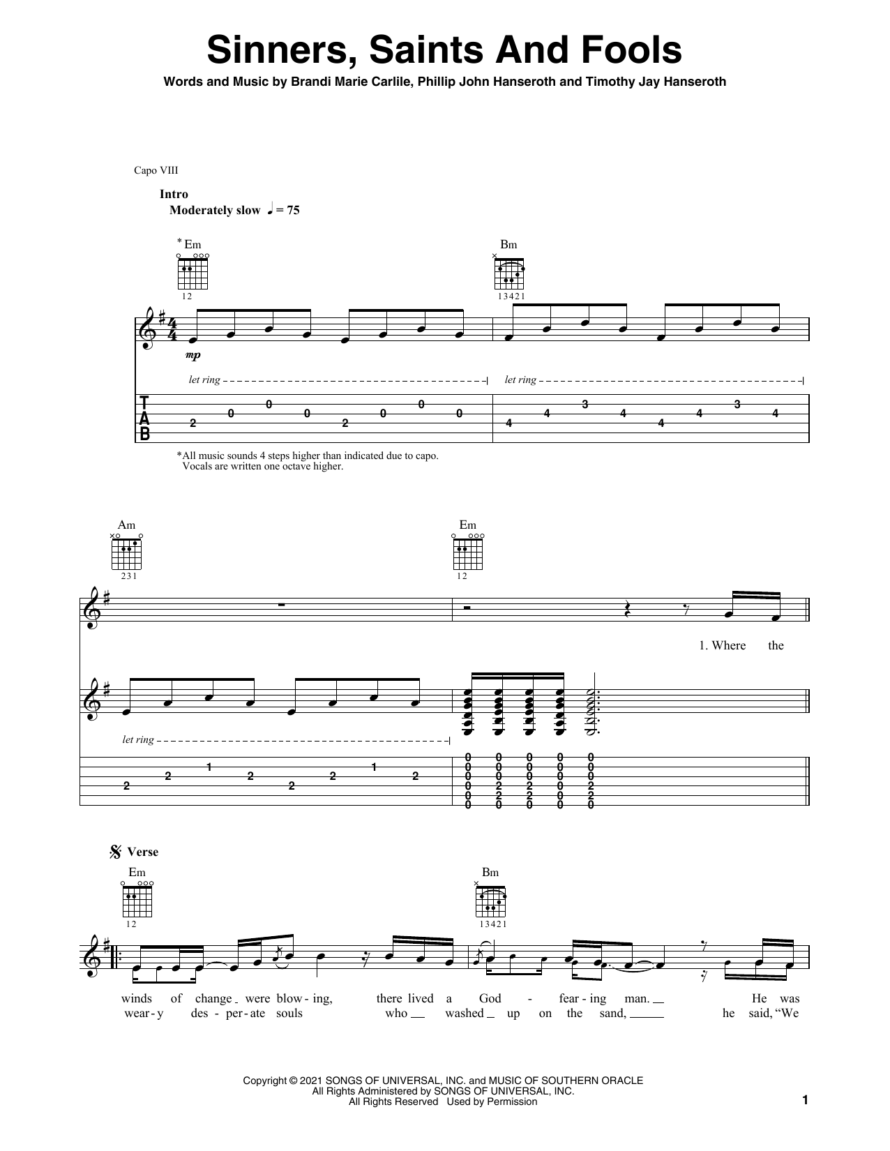 Brandi Carlile Sinners, Saints And Fools sheet music notes and chords. Download Printable PDF.