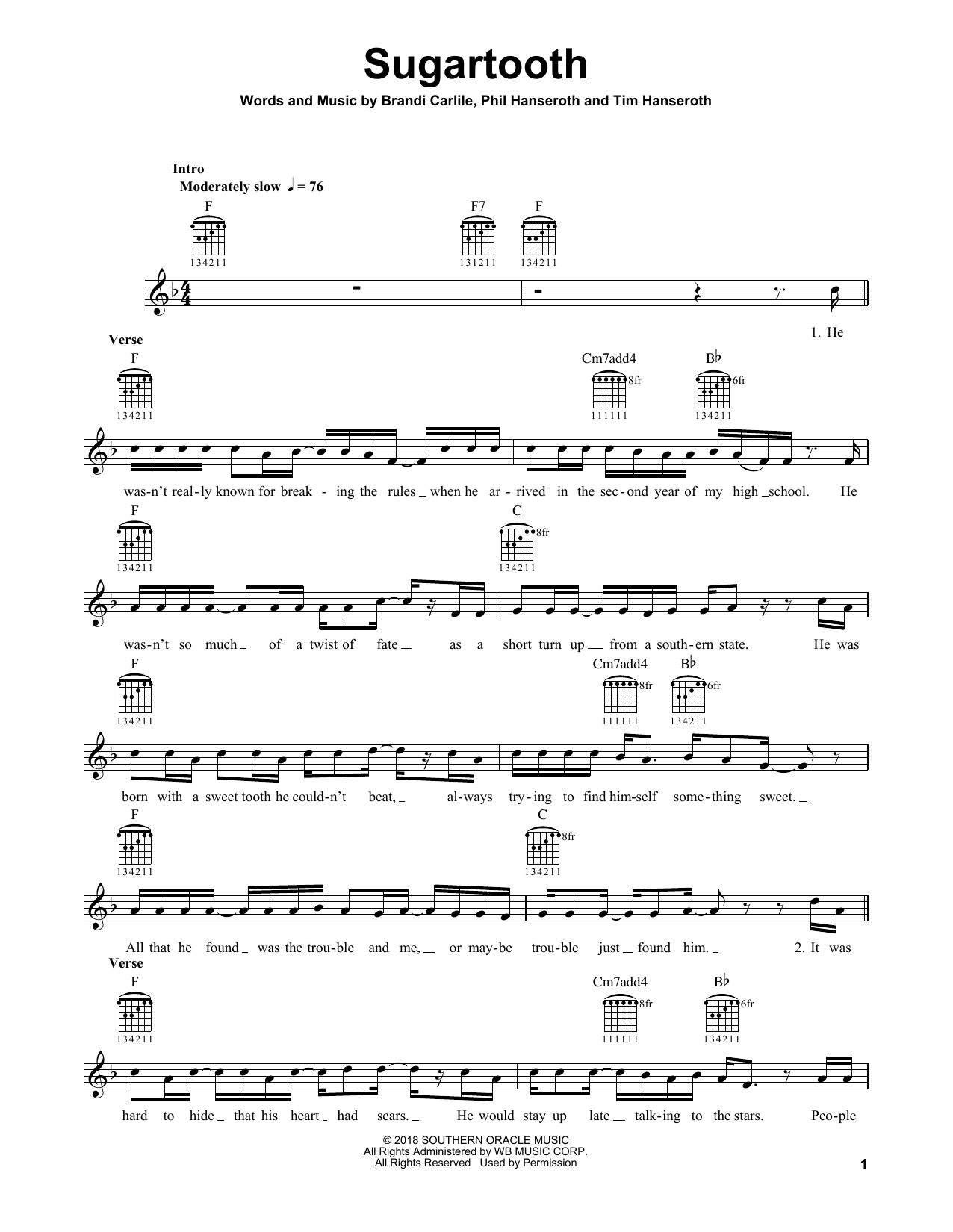 Brandi Carlile Sugartooth sheet music notes and chords. Download Printable PDF.