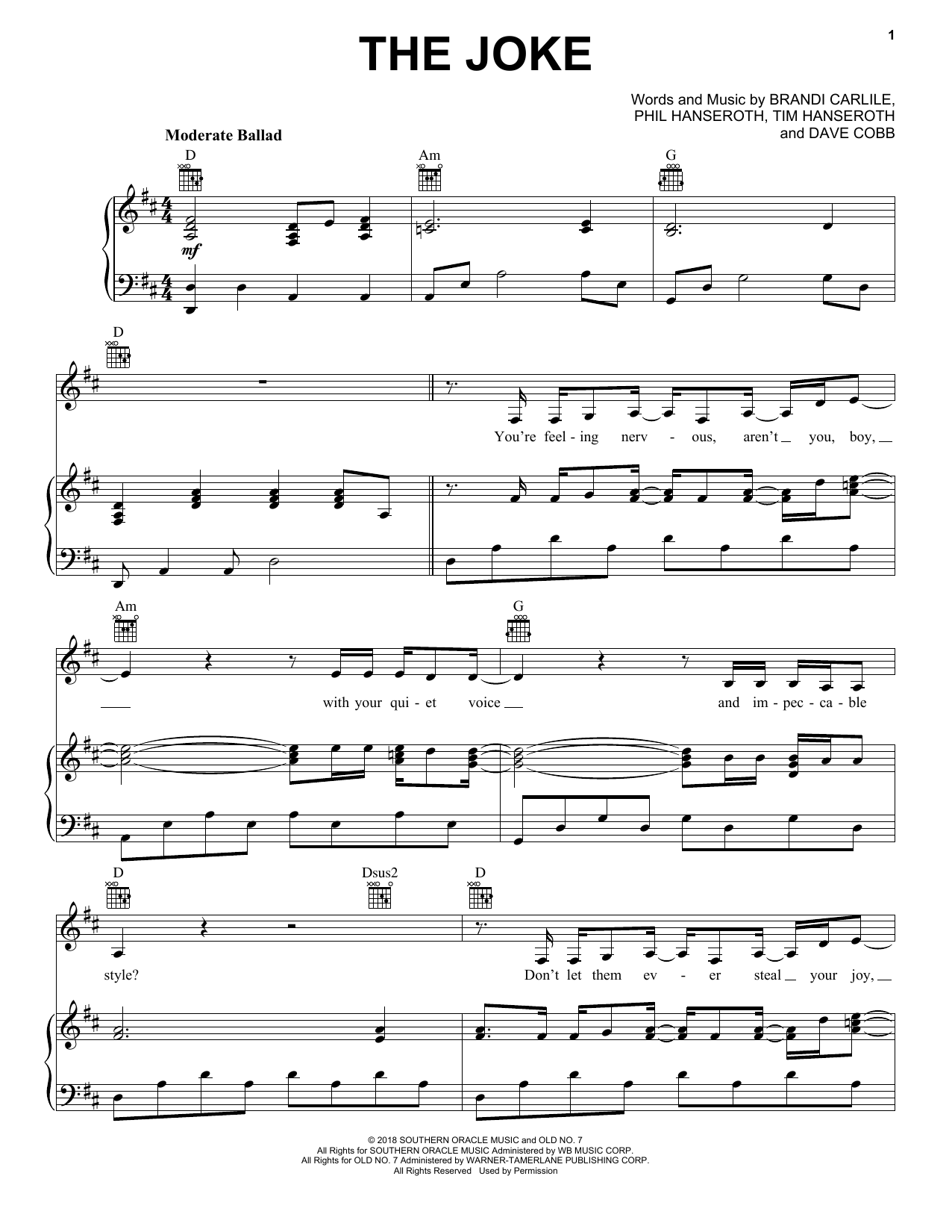 Brandi Carlile The Joke sheet music notes and chords. Download Printable PDF.