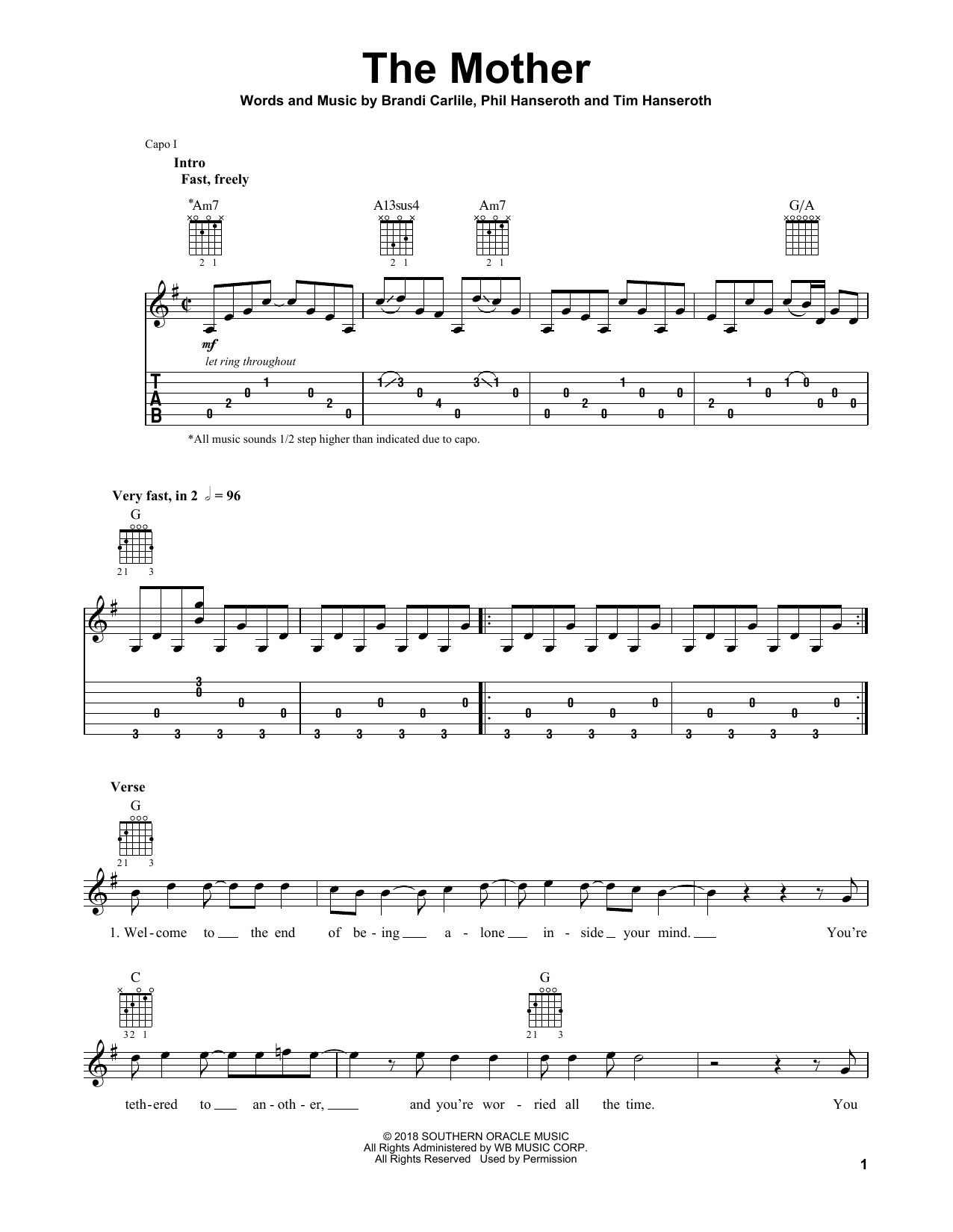 Brandi Carlile The Mother sheet music notes and chords. Download Printable PDF.