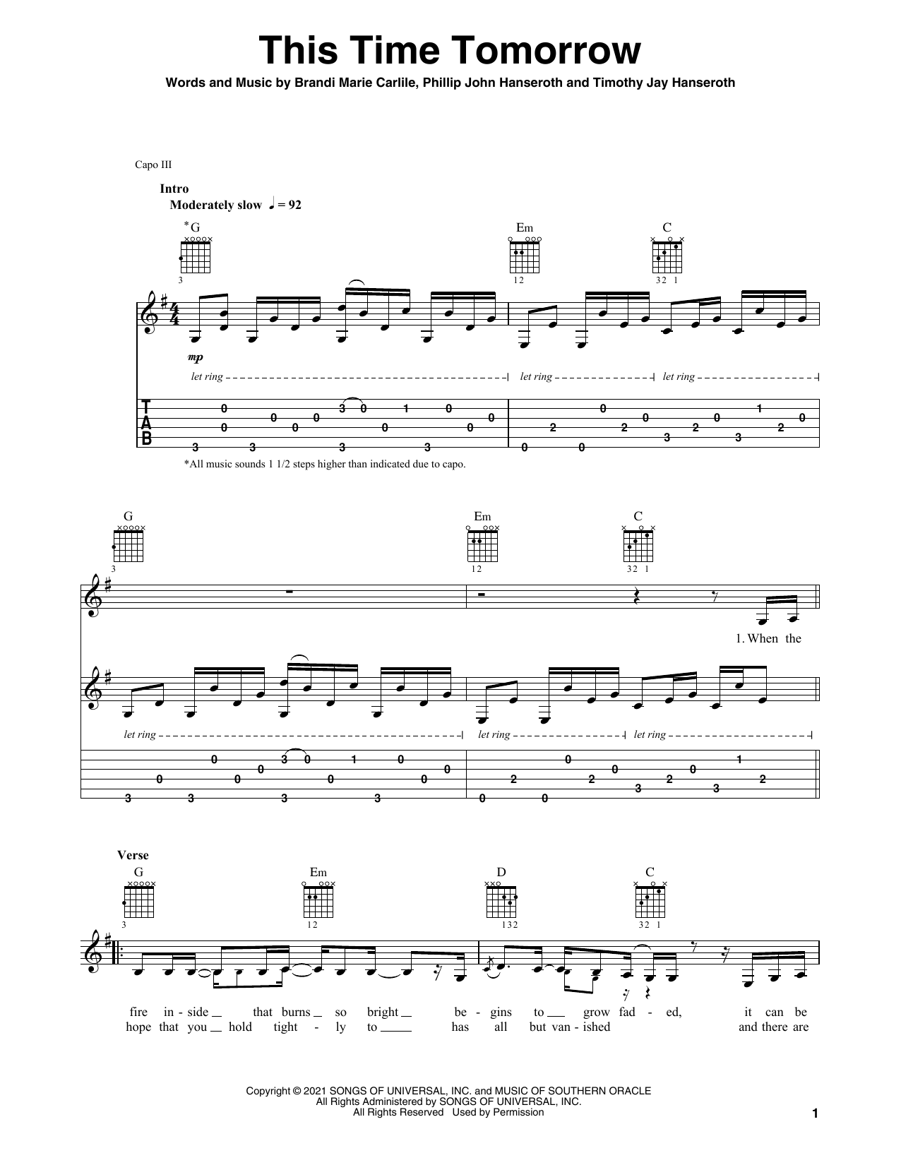 Brandi Carlile This Time Tomorrow sheet music notes and chords. Download Printable PDF.