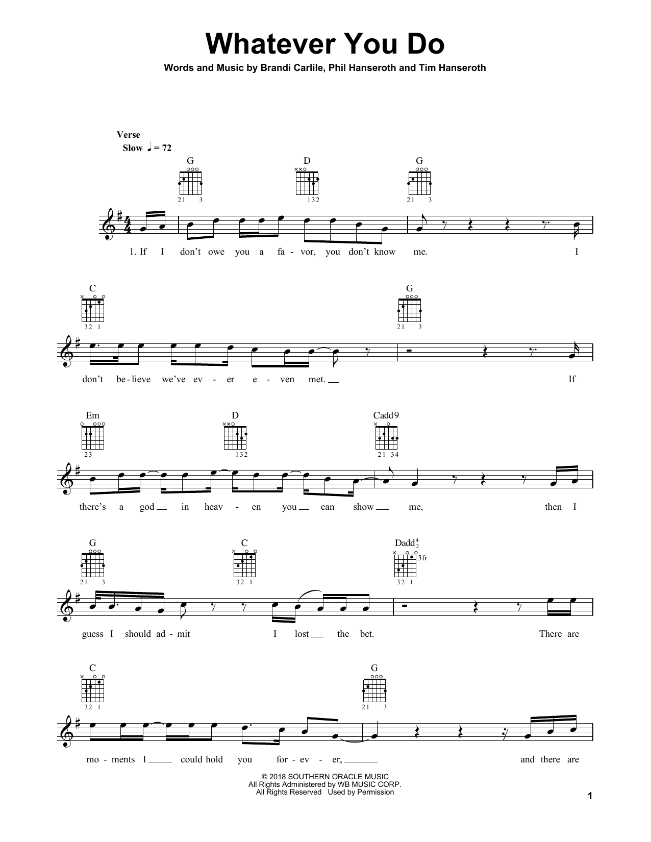 Brandi Carlile Whatever You Do sheet music notes and chords. Download Printable PDF.