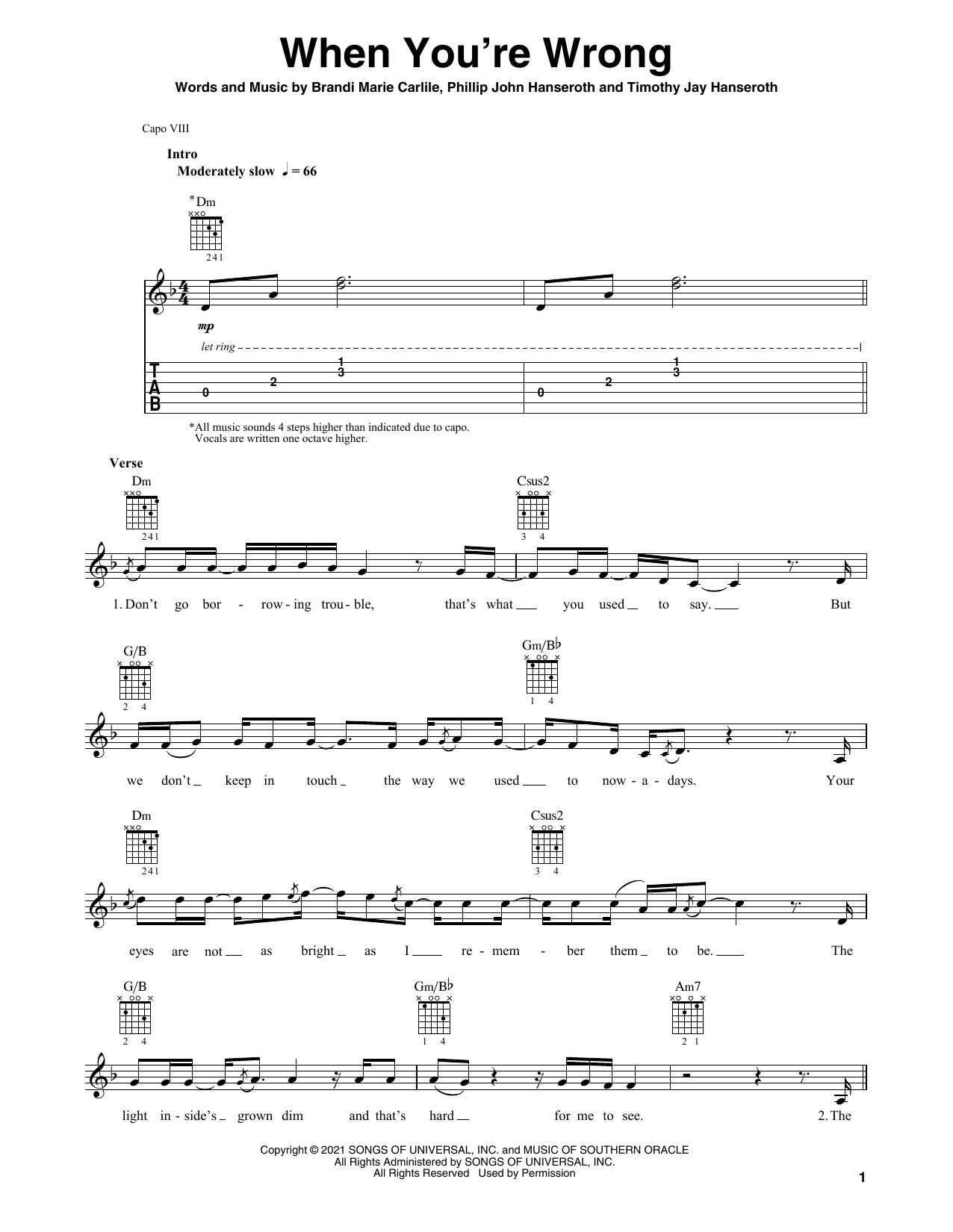 Brandi Carlile When You're Wrong sheet music notes and chords. Download Printable PDF.