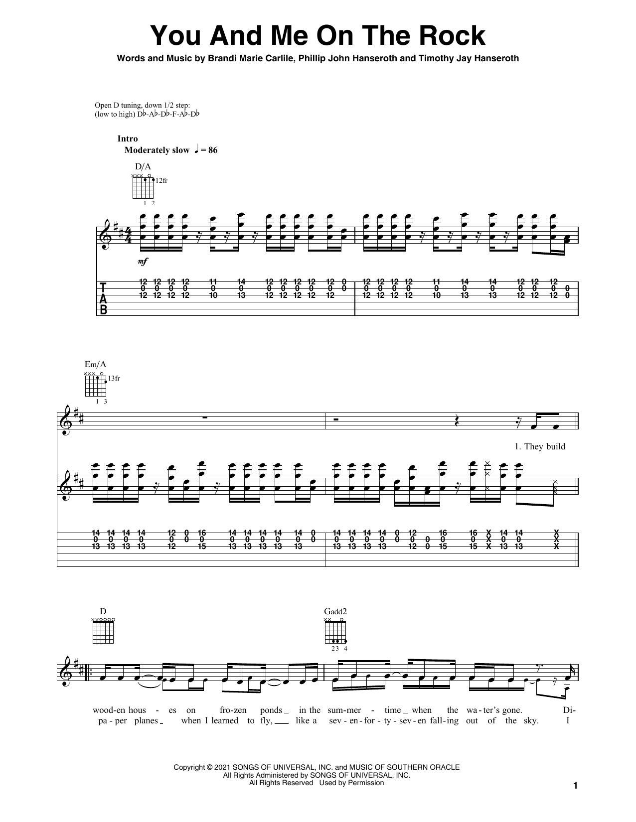 Brandi Carlile You And Me On The Rock (feat. Lucius) sheet music notes and chords. Download Printable PDF.