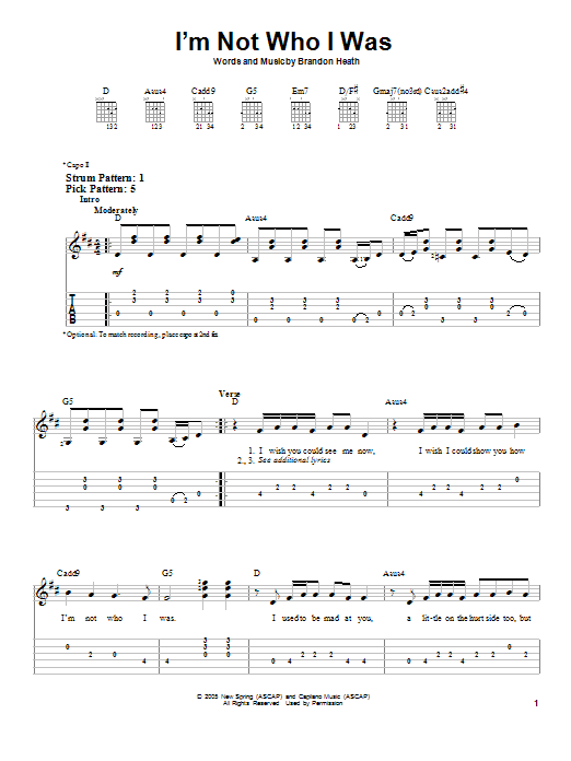 Brandon Heath I'm Not Who I Was sheet music notes and chords. Download Printable PDF.