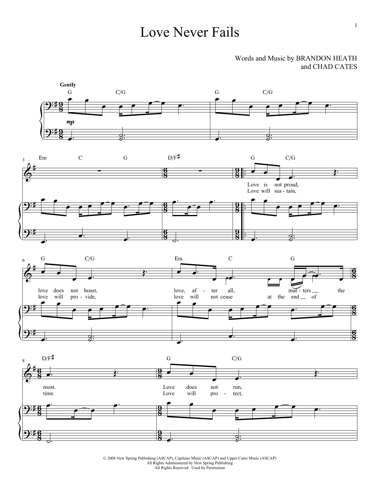 Brandon Heath Love Never Fails sheet music notes and chords arranged for Piano & Vocal