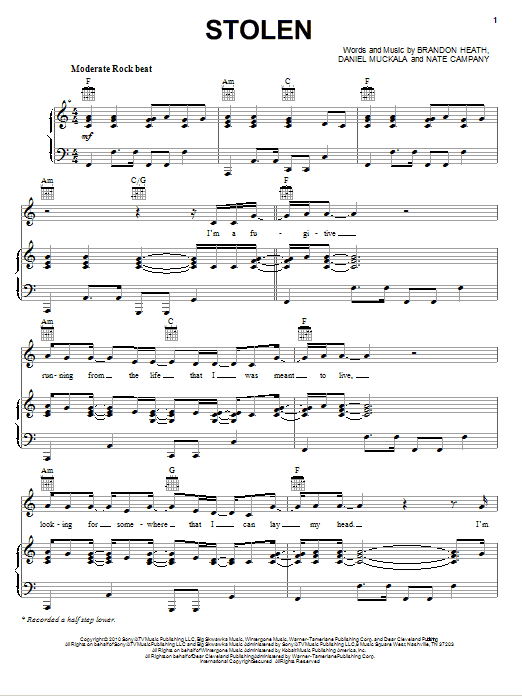 Learn to play Brandon Heath Stolen sheet music for Piano, Vocal & Guitar Chords (Right-Hand Melody) in minutes. Price: 7.8900$ Brandon Heath Stolen sheet music notes and chords arranged for Piano, Vocal & Guitar Chords (Right-Hand Melody)
