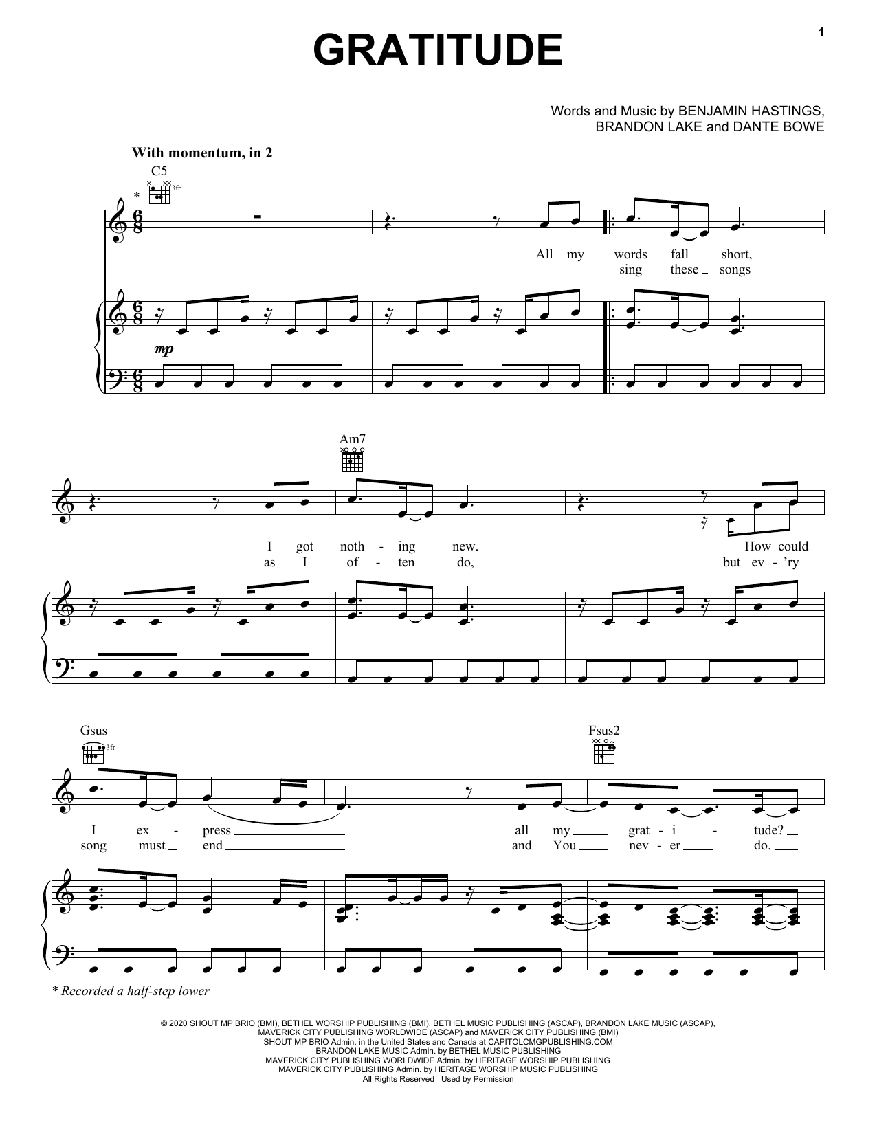 Brandon Lake Gratitude sheet music notes and chords. Download Printable PDF.