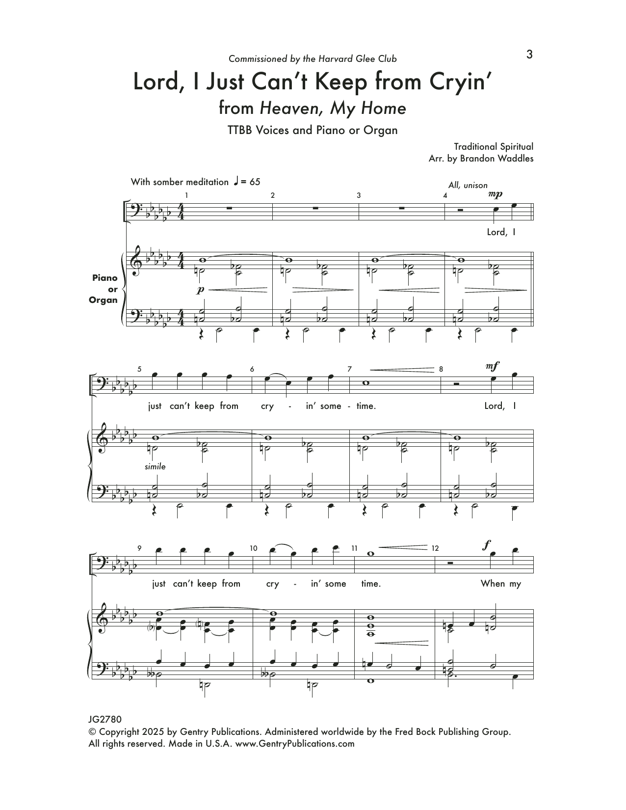 Brandon Waddles Lord, I Just Can't Keep From Crying: Three Spirituals For TB Voices sheet music notes and chords arranged for TTBB Choir