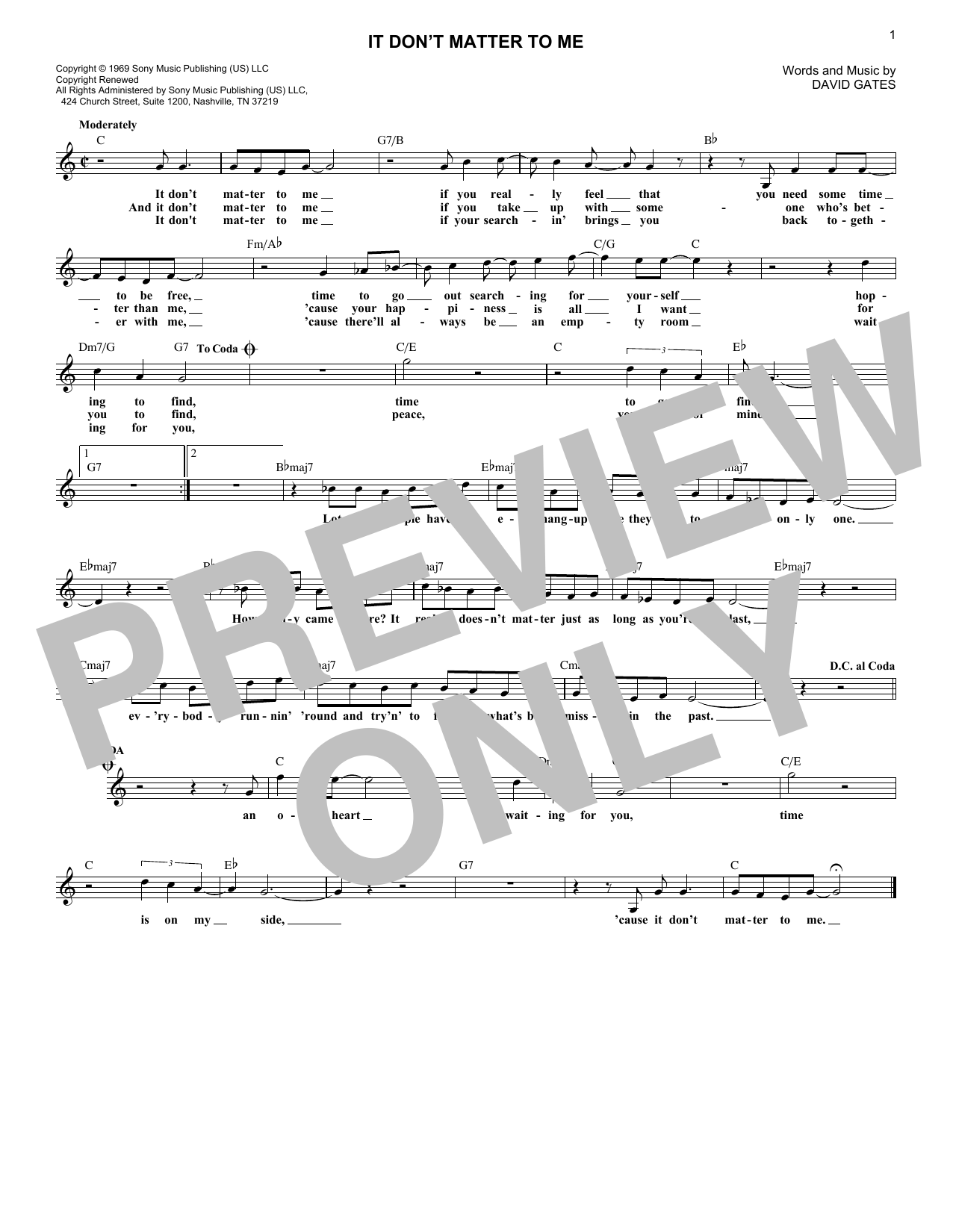 Bread It Don't Matter To Me sheet music notes and chords arranged for Lead Sheet / Fake Book