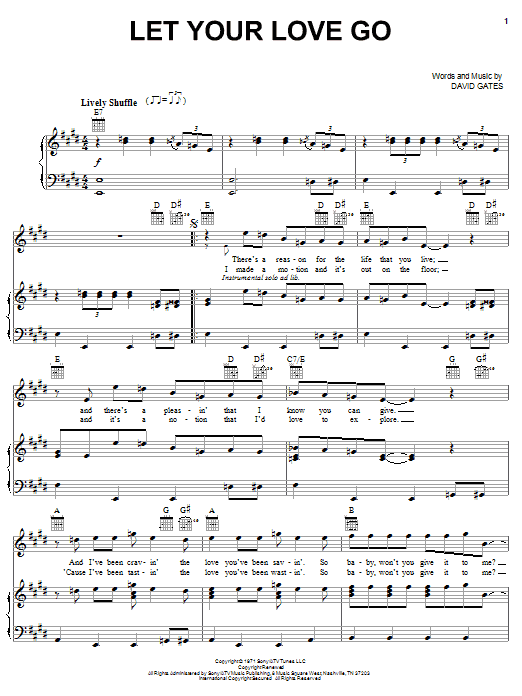 Learn to play Bread Let Your Love Go sheet music for Piano, Vocal & Guitar Chords (Right-Hand Melody) in minutes. Price: 7.8900$ Bread Let Your Love Go sheet music notes and chords arranged for Piano, Vocal & Guitar Chords (Right-Hand Melody)