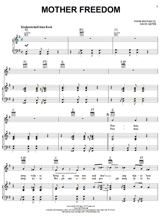 Bread Mother Freedom sheet music notes and chords arranged for Piano, Vocal & Guitar Chords (Right-Hand Melody)